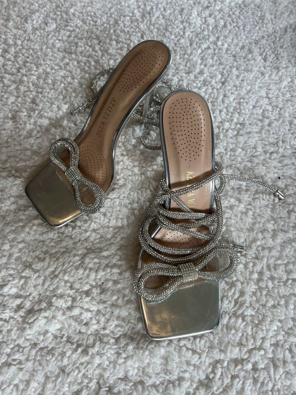 AZALEA WANG Silver Crystal Lace-Up Square Toe Heels